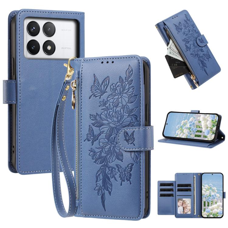 Butterfly Flower Zipper Wallet Vegan Leather Phone Case with Strap, For Redmi K80 / K80 Pro, For Redmi Note 14 4G 164mm, For Redmi Note 14 Pro 4G, For Redmi Note 14 4G 163.25mm, For Redmi Note 14 5G, For Redmi Note 14 Pro 5G, For Redmi 14C 4G          ...