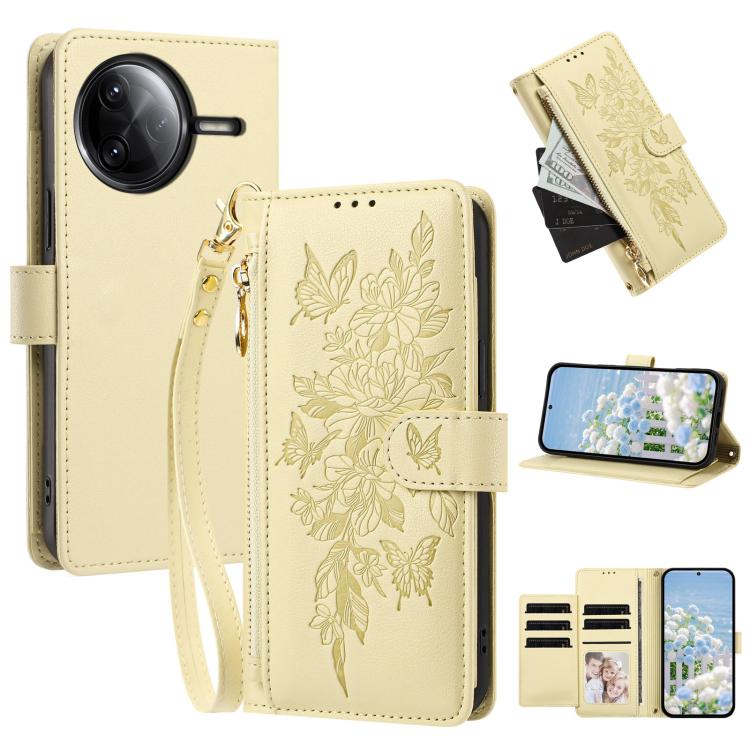 Butterfly Flower Zipper Wallet Vegan Leather Phone Case with Strap, For Redmi K80 / K80 Pro, For Redmi Note 14 4G 164mm, For Redmi Note 14 Pro 4G, For Redmi Note 14 4G 163.25mm, For Redmi Note 14 5G, For Redmi Note 14 Pro 5G, For Redmi 14C 4G          ...