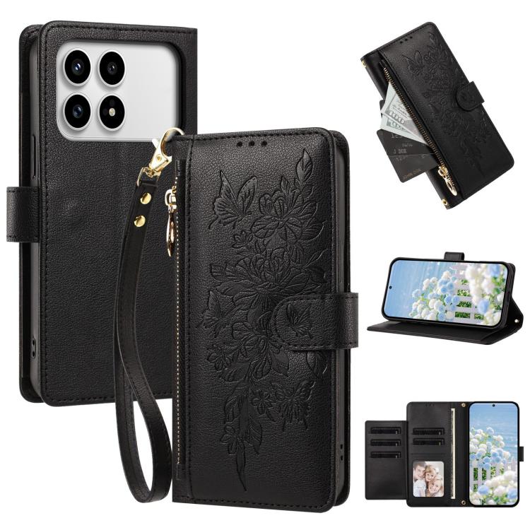 Butterfly Flower Zipper Wallet Vegan Leather Phone Case with Strap, For Redmi 15a 5G, For Redmi Turbo 5 Max / Poco X8 Pro Max, For Redmi Turbo 5 / Poco X8 Pro 5G, For Redmi Note 15 Pro+ Global 163.3mm, For Redmi Note 15 4G / 5G Global 164mm            ...