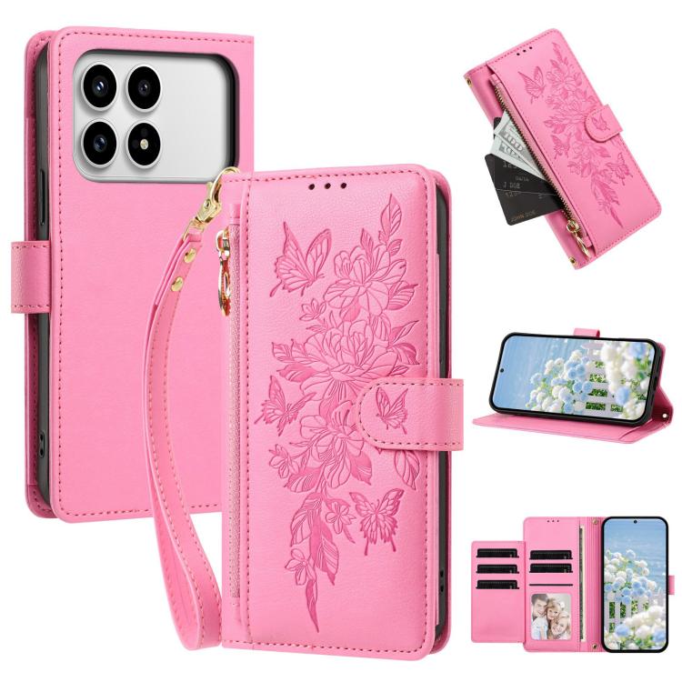 Butterfly Flower Zipper Wallet Vegan Leather Phone Case with Strap, For Redmi 15a 5G, For Redmi Turbo 5 Max / Poco X8 Pro Max, For Redmi Turbo 5 / Poco X8 Pro 5G, For Redmi Note 15 Pro+ Global 163.3mm, For Redmi Note 15 4G / 5G Global 164mm            ...