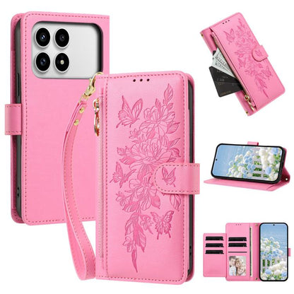 Butterfly Flower Zipper Wallet Vegan Leather Phone Case with Strap, For Redmi 15a 5G, For Redmi Turbo 5 Max / Poco X8 Pro Max, For Redmi Turbo 5 / Poco X8 Pro 5G, For Redmi Note 15 Pro+ Global 163.3mm, For Redmi Note 15 4G / 5G Global 164mm            ...