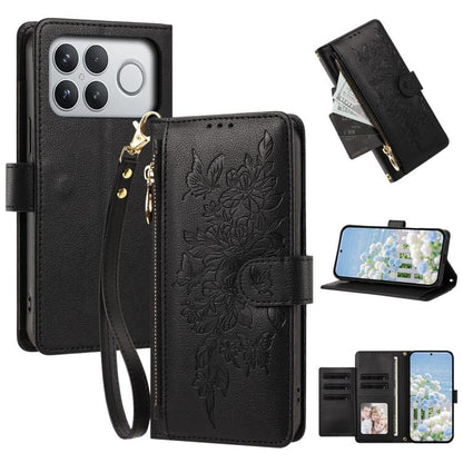 Butterfly Flower Zipper Wallet Vegan Leather Phone Case with Strap, For Redmi 15a 5G, For Redmi Turbo 5 Max / Poco X8 Pro Max, For Redmi Turbo 5 / Poco X8 Pro 5G, For Redmi Note 15 Pro+ Global 163.3mm, For Redmi Note 15 4G / 5G Global 164mm            ...