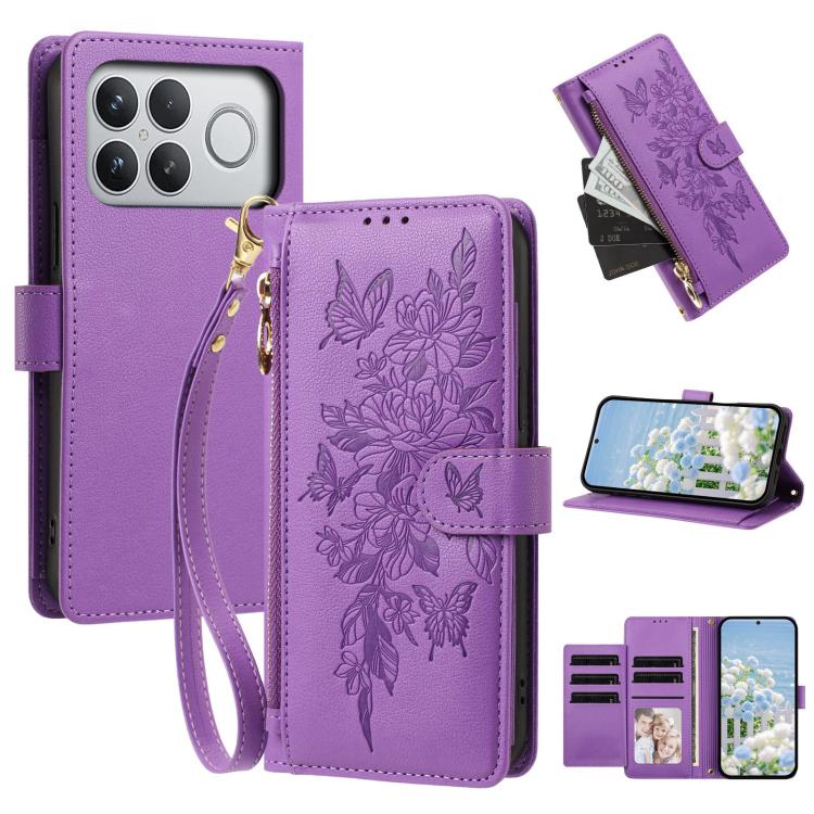 Butterfly Flower Zipper Wallet Vegan Leather Phone Case with Strap, For Redmi 15a 5G, For Redmi Turbo 5 Max / Poco X8 Pro Max, For Redmi Turbo 5 / Poco X8 Pro 5G, For Redmi Note 15 Pro+ Global 163.3mm, For Redmi Note 15 4G / 5G Global 164mm            ...