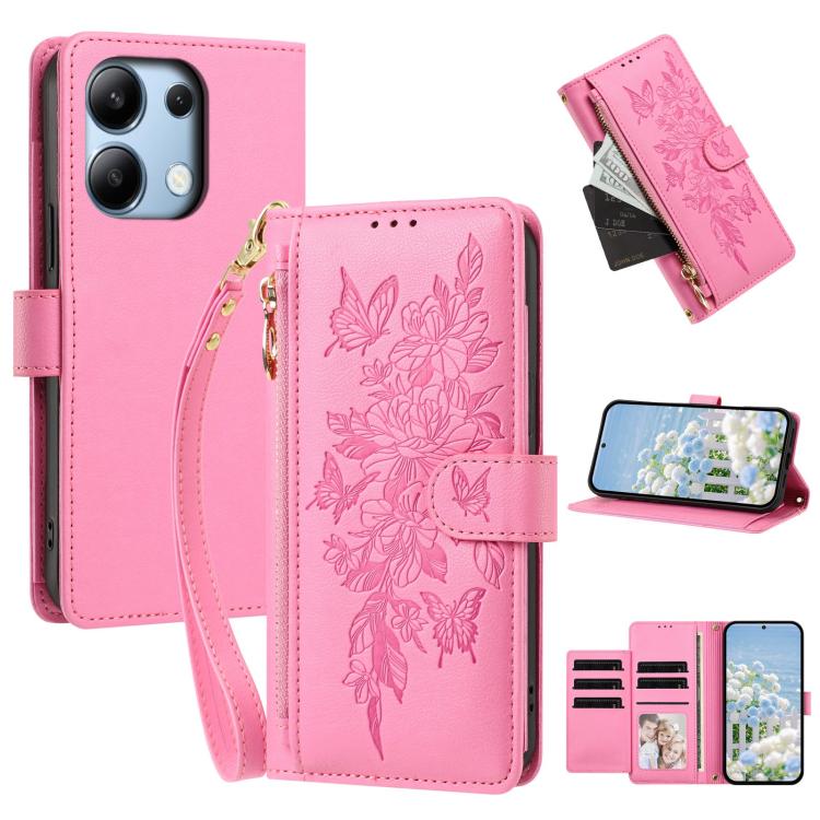 Butterfly Flower Zipper Wallet Vegan Leather Phone Case with Strap, For Redmi K80 / K80 Pro, For Redmi Note 14 4G 164mm, For Redmi Note 14 Pro 4G, For Redmi Note 14 4G 163.25mm, For Redmi Note 14 5G, For Redmi Note 14 Pro 5G, For Redmi 14C 4G          ...