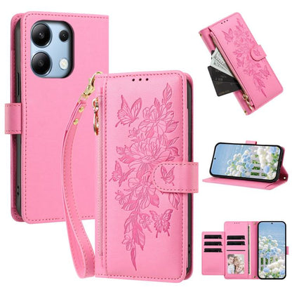 Butterfly Flower Zipper Wallet Vegan Leather Phone Case with Strap, For Redmi K80 / K80 Pro, For Redmi Note 14 4G 164mm, For Redmi Note 14 Pro 4G, For Redmi Note 14 4G 163.25mm, For Redmi Note 14 5G, For Redmi Note 14 Pro 5G, For Redmi 14C 4G          ...