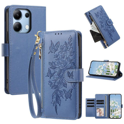 Butterfly Flower Zipper Wallet Vegan Leather Phone Case with Strap, For Redmi K80 / K80 Pro, For Redmi Note 14 4G 164mm, For Redmi Note 14 Pro 4G, For Redmi Note 14 4G 163.25mm, For Redmi Note 14 5G, For Redmi Note 14 Pro 5G, For Redmi 14C 4G          ...