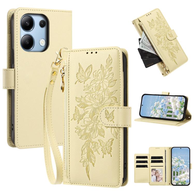 Butterfly Flower Zipper Wallet Vegan Leather Phone Case with Strap, For Redmi K80 / K80 Pro, For Redmi Note 14 4G 164mm, For Redmi Note 14 Pro 4G, For Redmi Note 14 4G 163.25mm, For Redmi Note 14 5G, For Redmi Note 14 Pro 5G, For Redmi 14C 4G          ...