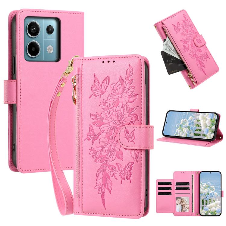 Butterfly Flower Zipper Wallet Vegan Leather Phone Case with Strap, For Redmi K80 / K80 Pro, For Redmi Note 14 4G 164mm, For Redmi Note 14 Pro 4G, For Redmi Note 14 4G 163.25mm, For Redmi Note 14 5G, For Redmi Note 14 Pro 5G, For Redmi 14C 4G          ...