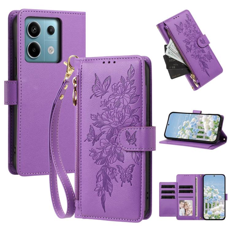 Butterfly Flower Zipper Wallet Vegan Leather Phone Case with Strap, For Redmi K80 / K80 Pro, For Redmi Note 14 4G 164mm, For Redmi Note 14 Pro 4G, For Redmi Note 14 4G 163.25mm, For Redmi Note 14 5G, For Redmi Note 14 Pro 5G, For Redmi 14C 4G          ...