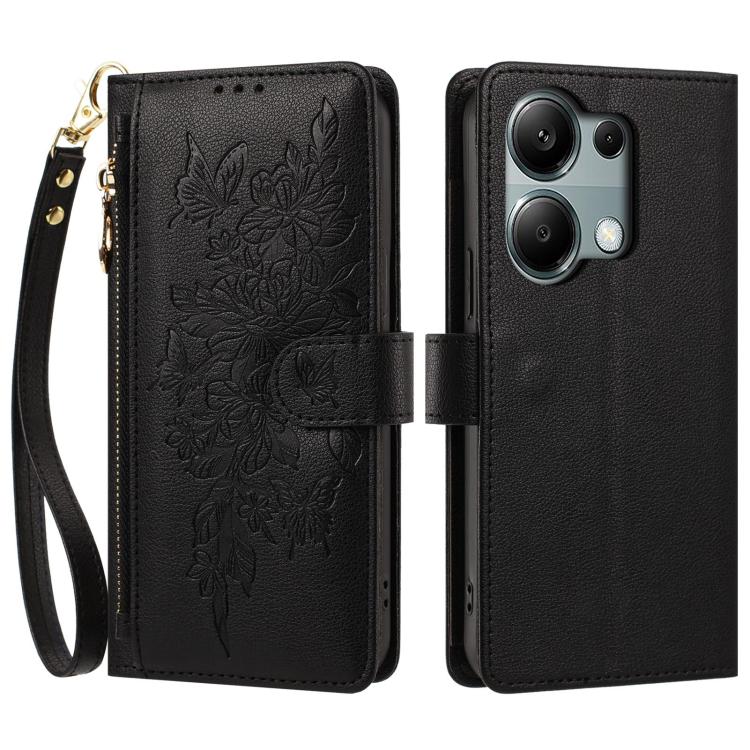Butterfly Flower Zipper Wallet Vegan Leather Phone Case with Strap, For Redmi Note 13 Pro 5G Global