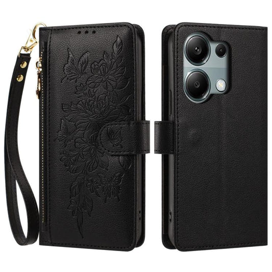 Butterfly Flower Zipper Wallet Vegan Leather Phone Case with Strap, For Redmi Note 13 Pro 5G Global