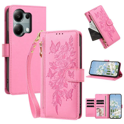 Butterfly Flower Zipper Wallet Vegan Leather Phone Case with Strap, For Redmi K80 / K80 Pro, For Redmi Note 14 4G 164mm, For Redmi Note 14 Pro 4G, For Redmi Note 14 4G 163.25mm, For Redmi Note 14 5G, For Redmi Note 14 Pro 5G, For Redmi 14C 4G          ...