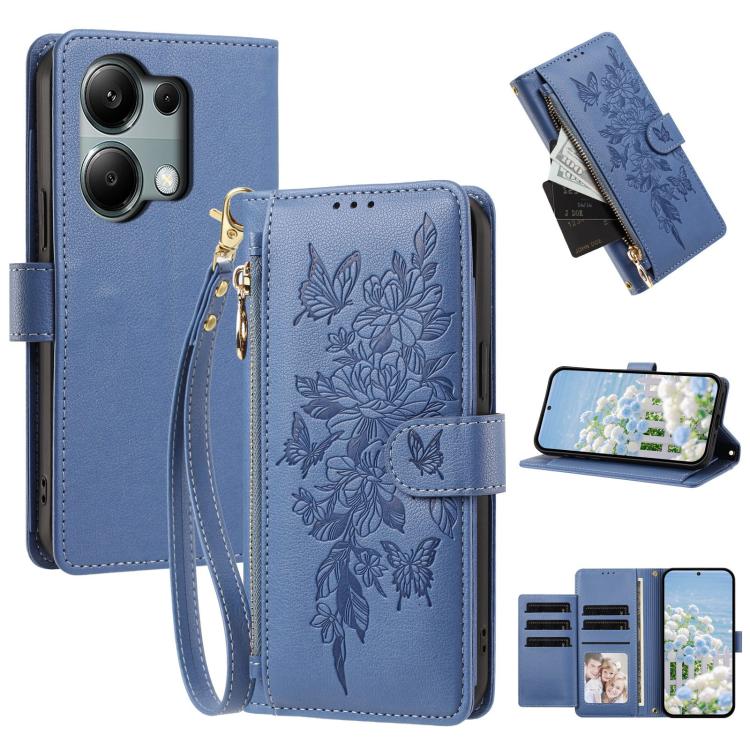 Butterfly Flower Zipper Wallet Vegan Leather Phone Case with Strap, For Redmi K80 / K80 Pro, For Redmi Note 14 4G 164mm, For Redmi Note 14 Pro 4G, For Redmi Note 14 4G 163.25mm, For Redmi Note 14 5G, For Redmi Note 14 Pro 5G, For Redmi 14C 4G          ...