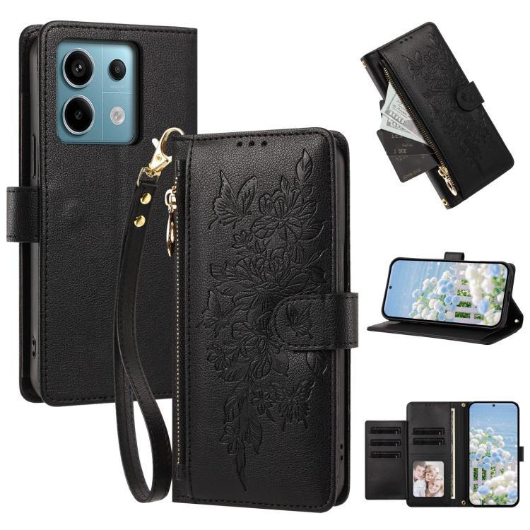 Butterfly Flower Zipper Wallet Vegan Leather Phone Case with Strap, For Redmi K80 / K80 Pro, For Redmi Note 14 4G 164mm, For Redmi Note 14 Pro 4G, For Redmi Note 14 4G 163.25mm, For Redmi Note 14 5G, For Redmi Note 14 Pro 5G, For Redmi 14C 4G          ...