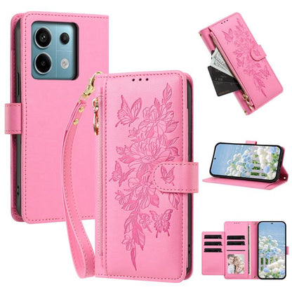 Butterfly Flower Zipper Wallet Vegan Leather Phone Case with Strap, For Redmi K80 / K80 Pro, For Redmi Note 14 4G 164mm, For Redmi Note 14 Pro 4G, For Redmi Note 14 4G 163.25mm, For Redmi Note 14 5G, For Redmi Note 14 Pro 5G, For Redmi 14C 4G          ...