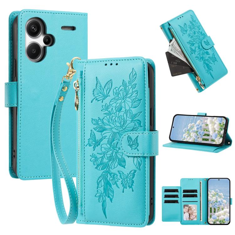 Butterfly Flower Zipper Wallet Vegan Leather Phone Case with Strap, For Redmi K80 / K80 Pro, For Redmi Note 14 4G 164mm, For Redmi Note 14 Pro 4G, For Redmi Note 14 4G 163.25mm, For Redmi Note 14 5G, For Redmi Note 14 Pro 5G, For Redmi 14C 4G          ...