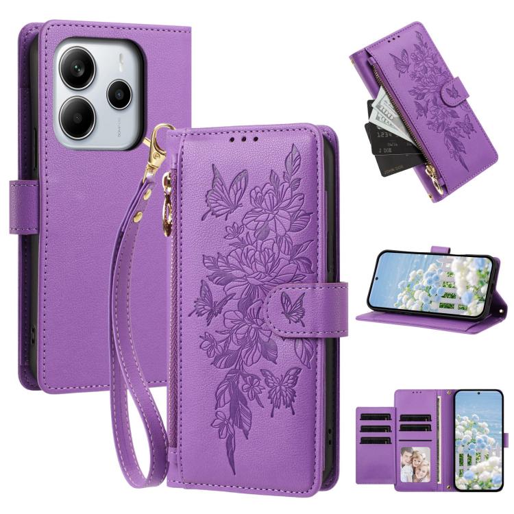 Butterfly Flower Zipper Wallet Vegan Leather Phone Case with Strap, For Redmi K80 / K80 Pro, For Redmi Note 14 4G 164mm, For Redmi Note 14 Pro 4G, For Redmi Note 14 4G 163.25mm, For Redmi Note 14 5G, For Redmi Note 14 Pro 5G, For Redmi 14C 4G          ...