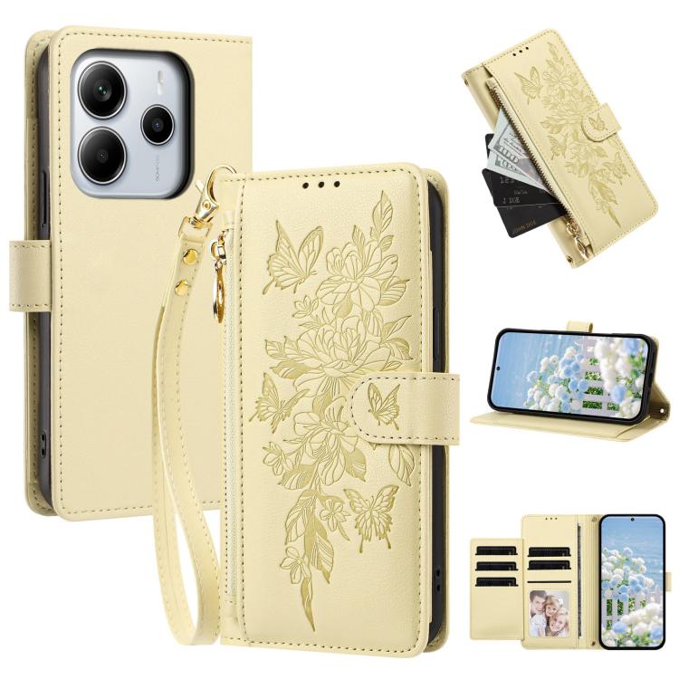 Butterfly Flower Zipper Wallet Vegan Leather Phone Case with Strap, For Redmi K80 / K80 Pro, For Redmi Note 14 4G 164mm, For Redmi Note 14 Pro 4G, For Redmi Note 14 4G 163.25mm, For Redmi Note 14 5G, For Redmi Note 14 Pro 5G, For Redmi 14C 4G          ...