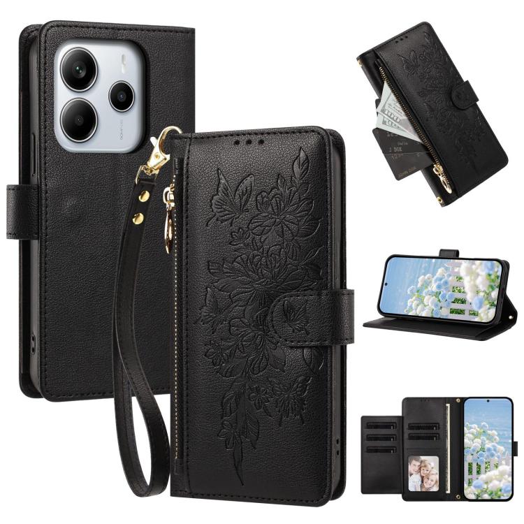 Butterfly Flower Zipper Wallet Vegan Leather Phone Case with Strap, For Redmi K80 / K80 Pro, For Redmi Note 14 4G 164mm, For Redmi Note 14 Pro 4G, For Redmi Note 14 4G 163.25mm, For Redmi Note 14 5G, For Redmi Note 14 Pro 5G, For Redmi 14C 4G          ...