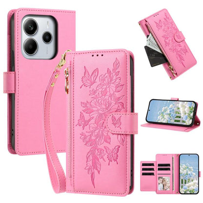 Butterfly Flower Zipper Wallet Vegan Leather Phone Case with Strap, For Redmi K80 / K80 Pro, For Redmi Note 14 4G 164mm, For Redmi Note 14 Pro 4G, For Redmi Note 14 4G 163.25mm, For Redmi Note 14 5G, For Redmi Note 14 Pro 5G, For Redmi 14C 4G          ...