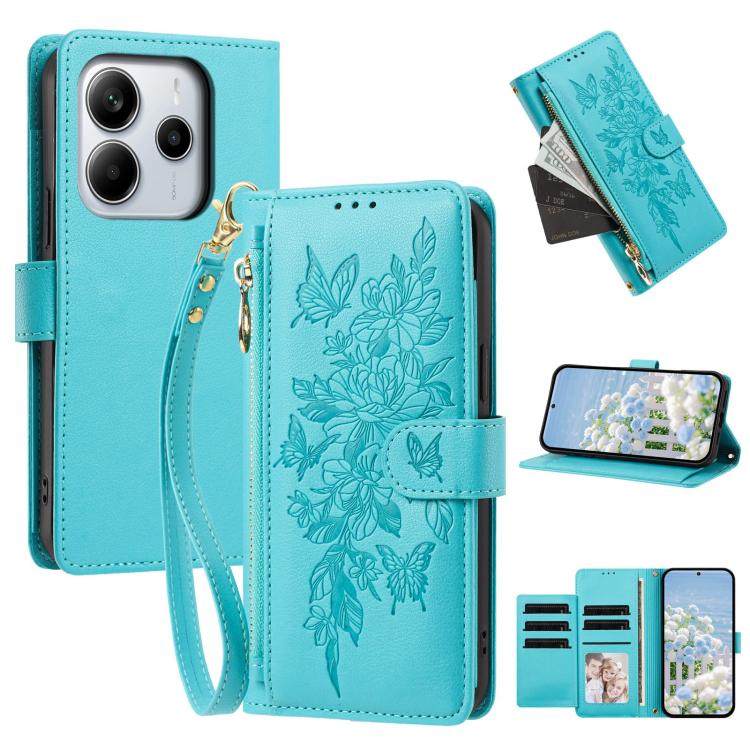 Butterfly Flower Zipper Wallet Vegan Leather Phone Case with Strap, For Redmi K80 / K80 Pro, For Redmi Note 14 4G 164mm, For Redmi Note 14 Pro 4G, For Redmi Note 14 4G 163.25mm, For Redmi Note 14 5G, For Redmi Note 14 Pro 5G, For Redmi 14C 4G          ...