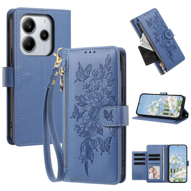 Butterfly Flower Zipper Wallet Vegan Leather Phone Case with Strap, For Redmi K80 / K80 Pro, For Redmi Note 14 4G 164mm, For Redmi Note 14 Pro 4G, For Redmi Note 14 4G 163.25mm, For Redmi Note 14 5G, For Redmi Note 14 Pro 5G, For Redmi 14C 4G          ...