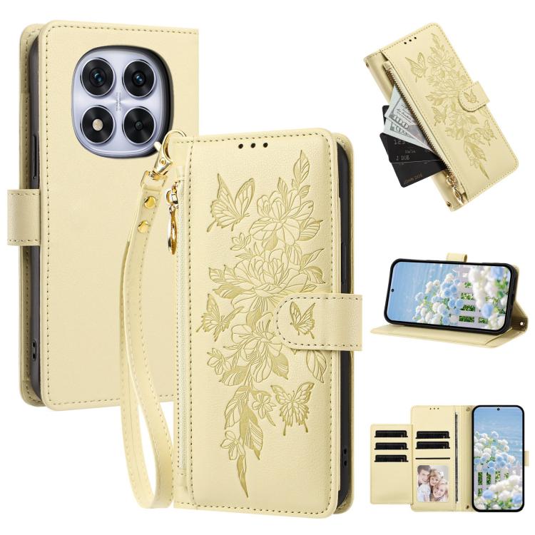 Butterfly Flower Zipper Wallet Vegan Leather Phone Case with Strap, For Redmi K80 / K80 Pro, For Redmi Note 14 4G 164mm, For Redmi Note 14 Pro 4G, For Redmi Note 14 4G 163.25mm, For Redmi Note 14 5G, For Redmi Note 14 Pro 5G, For Redmi 14C 4G          ...