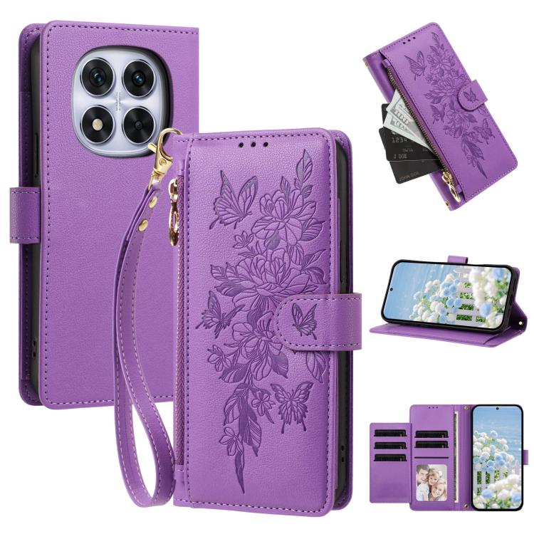 Butterfly Flower Zipper Wallet Vegan Leather Phone Case with Strap, For Redmi K80 / K80 Pro, For Redmi Note 14 4G 164mm, For Redmi Note 14 Pro 4G, For Redmi Note 14 4G 163.25mm, For Redmi Note 14 5G, For Redmi Note 14 Pro 5G, For Redmi 14C 4G          ...
