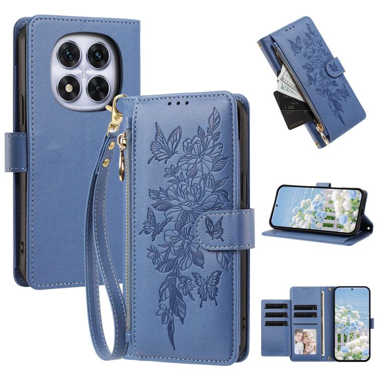 Butterfly Flower Zipper Wallet Vegan Leather Phone Case with Strap, For Redmi K80 / K80 Pro, For Redmi Note 14 4G 164mm, For Redmi Note 14 Pro 4G, For Redmi Note 14 4G 163.25mm, For Redmi Note 14 5G, For Redmi Note 14 Pro 5G, For Redmi 14C 4G          ...