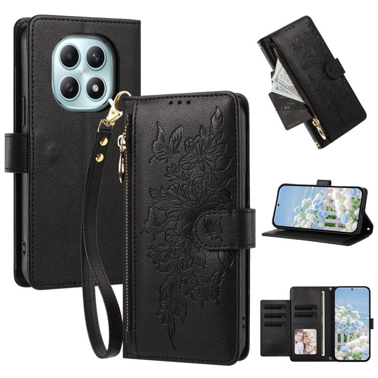 Butterfly Flower Zipper Wallet Vegan Leather Phone Case with Strap, For Redmi 15a 5G, For Redmi Turbo 5 Max / Poco X8 Pro Max, For Redmi Turbo 5 / Poco X8 Pro 5G, For Redmi Note 15 Pro+ Global 163.3mm, For Redmi Note 15 4G / 5G Global 164mm            ...