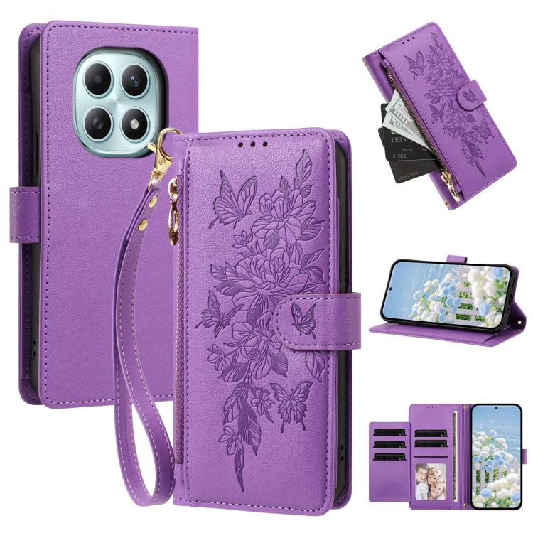 Butterfly Flower Zipper Wallet Vegan Leather Phone Case with Strap, For Redmi 15a 5G, For Redmi Turbo 5 Max / Poco X8 Pro Max, For Redmi Turbo 5 / Poco X8 Pro 5G, For Redmi Note 15 Pro+ Global 163.3mm, For Redmi Note 15 4G / 5G Global 164mm            ...