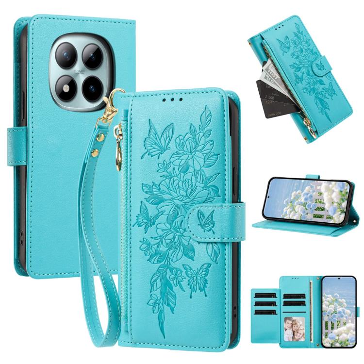 Butterfly Flower Zipper Wallet Vegan Leather Phone Case with Strap, For Redmi 15a 5G, For Redmi Turbo 5 Max / Poco X8 Pro Max, For Redmi Turbo 5 / Poco X8 Pro 5G, For Redmi Note 15 Pro+ Global 163.3mm, For Redmi Note 15 4G / 5G Global 164mm            ...