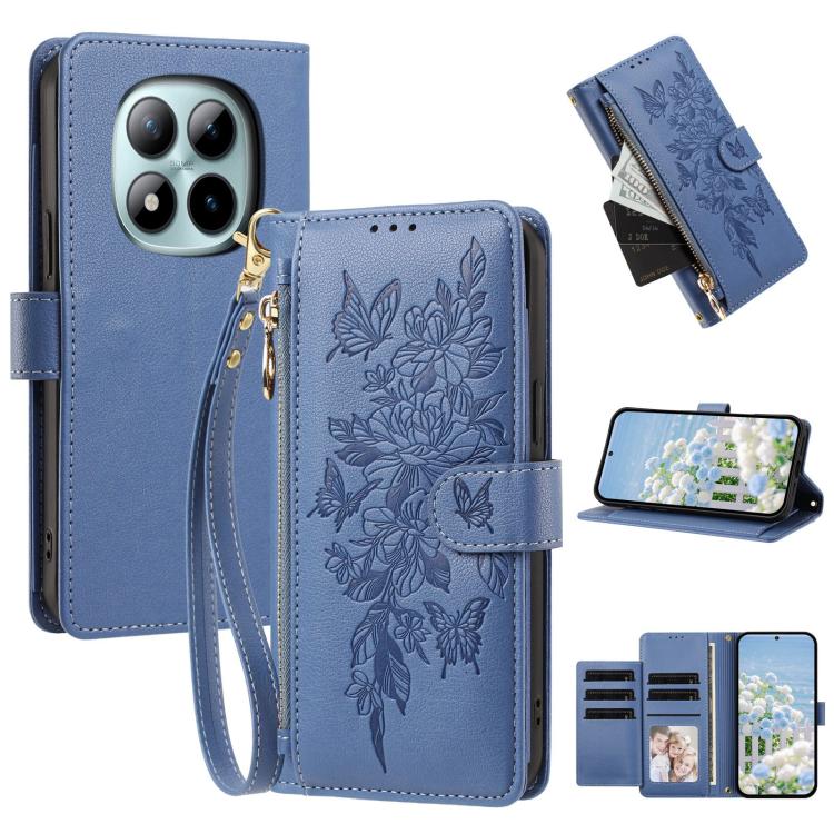 Butterfly Flower Zipper Wallet Vegan Leather Phone Case with Strap, For Redmi 15a 5G, For Redmi Turbo 5 Max / Poco X8 Pro Max, For Redmi Turbo 5 / Poco X8 Pro 5G, For Redmi Note 15 Pro+ Global 163.3mm, For Redmi Note 15 4G / 5G Global 164mm            ...