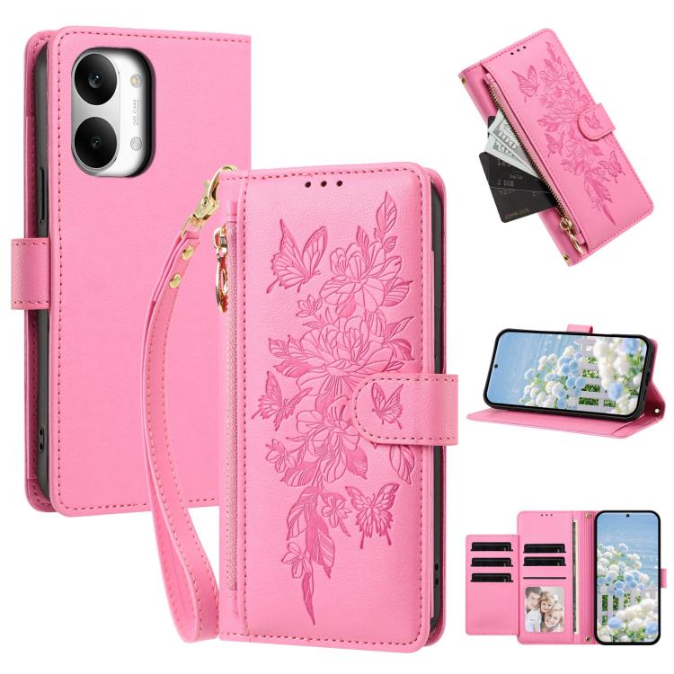 Butterfly Flower Zipper Wallet Vegan Leather Phone Case with Strap, For Redmi 15a 5G, For Redmi Turbo 5 Max / Poco X8 Pro Max, For Redmi Turbo 5 / Poco X8 Pro 5G, For Redmi Note 15 Pro+ Global 163.3mm, For Redmi Note 15 4G / 5G Global 164mm            ...