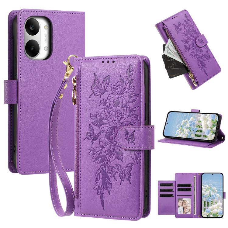 Butterfly Flower Zipper Wallet Vegan Leather Phone Case with Strap, For Redmi 15a 5G, For Redmi Turbo 5 Max / Poco X8 Pro Max, For Redmi Turbo 5 / Poco X8 Pro 5G, For Redmi Note 15 Pro+ Global 163.3mm, For Redmi Note 15 4G / 5G Global 164mm            ...