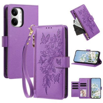 Butterfly Flower Zipper Wallet Vegan Leather Phone Case with Strap, For Redmi 15a 5G, For Redmi Turbo 5 Max / Poco X8 Pro Max, For Redmi Turbo 5 / Poco X8 Pro 5G, For Redmi Note 15 Pro+ Global 163.3mm, For Redmi Note 15 4G / 5G Global 164mm            ...
