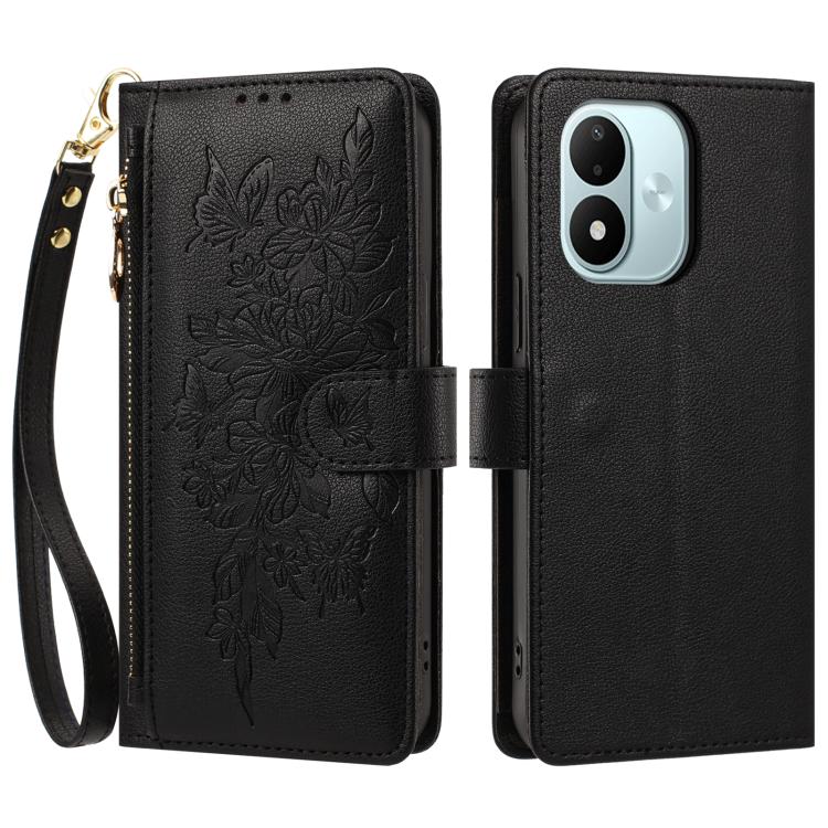 Butterfly Flower Zipper Wallet Vegan Leather Phone Case with Strap, For Redmi Note 17 4G / 5G Global 171mm, For Redmi Note 17 Pro+ 5G Global 163mm, For Redmi 15a 5G, For Redmi Turbo 5 Max / Poco X8 Pro Max, For Redmi Turbo 5 / Poco X8 Pro 5G           ...