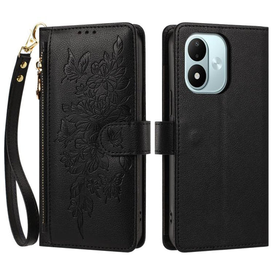 Butterfly Flower Zipper Wallet Vegan Leather Phone Case with Strap, For Redmi Note 17 4G / 5G Global 169.7mm, For  Redmi Note 17 Pro+ 5G Global 163.4mm, For Redmi 15a 5G, For Redmi Turbo 5 Max / Poco X8 Pro Max, For Redmi Turbo 5 / Poco X8 Pro 5G      ...