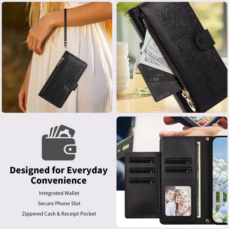 Butterfly Flower Zipper Wallet Vegan Leather Phone Case with Strap, For Redmi Note 17 4G / 5G Global 171mm, For Redmi Note 17 Pro+ 5G Global 163mm, For Redmi 15a 5G, For Redmi Turbo 5 Max / Poco X8 Pro Max, For Redmi Turbo 5 / Poco X8 Pro 5G           ...