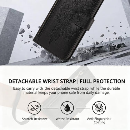 Butterfly Flower Zipper Wallet Vegan Leather Phone Case with Strap, For Redmi Note 17 4G / 5G Global 171mm, For Redmi Note 17 Pro+ 5G Global 163mm, For Redmi 15a 5G, For Redmi Turbo 5 Max / Poco X8 Pro Max, For Redmi Turbo 5 / Poco X8 Pro 5G           ...