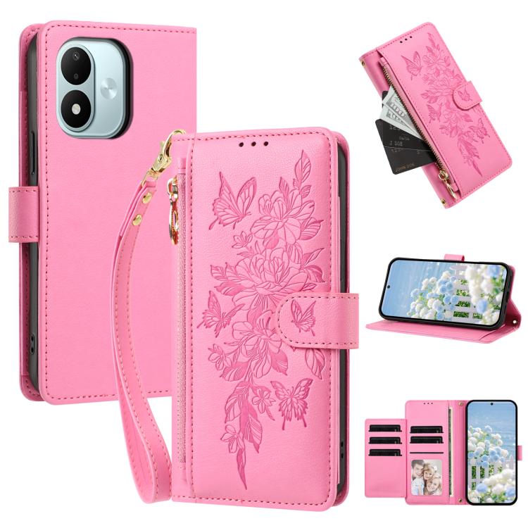 Butterfly Flower Zipper Wallet Vegan Leather Phone Case with Strap, For Redmi Note 17 4G / 5G Global 171mm, For Redmi Note 17 Pro+ 5G Global 163mm, For Redmi 15a 5G, For Redmi Turbo 5 Max / Poco X8 Pro Max, For Redmi Turbo 5 / Poco X8 Pro 5G           ...