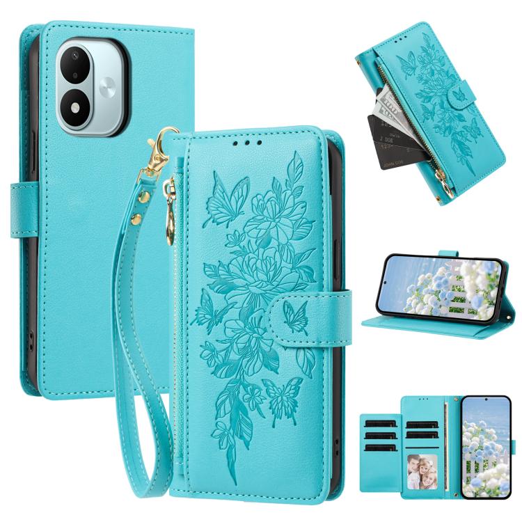 Butterfly Flower Zipper Wallet Vegan Leather Phone Case with Strap, For Redmi Note 17 4G / 5G Global 171mm, For Redmi Note 17 Pro+ 5G Global 163mm, For Redmi 15a 5G, For Redmi Turbo 5 Max / Poco X8 Pro Max, For Redmi Turbo 5 / Poco X8 Pro 5G           ...