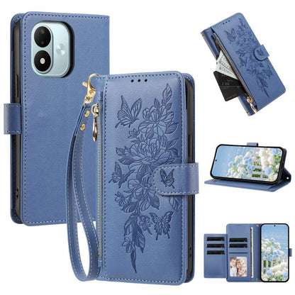 Butterfly Flower Zipper Wallet Vegan Leather Phone Case with Strap, For Redmi Note 17 4G / 5G Global 171mm, For Redmi Note 17 Pro+ 5G Global 163mm, For Redmi 15a 5G, For Redmi Turbo 5 Max / Poco X8 Pro Max, For Redmi Turbo 5 / Poco X8 Pro 5G           ...