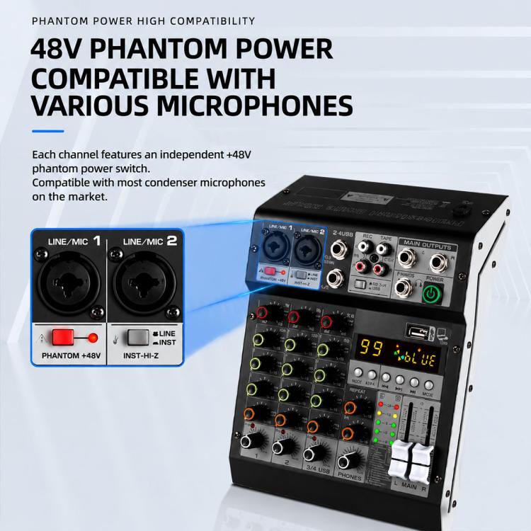 TP-6M 6-Channel Multi-function Professional Recording Mixer Bluetooth Sound Card, EU Plug, UK Plug, US Plug