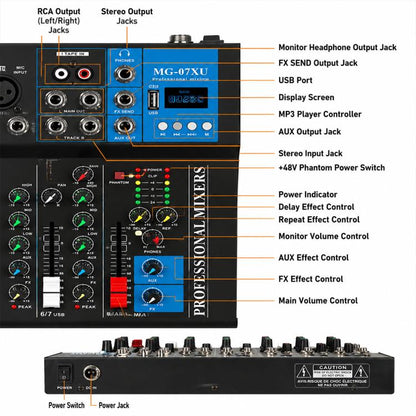 MG-07 7-Channel Multi-function Professional Bluetooth Live Streaming Recording Mixer, EU Plug, UK Plug, US Plug