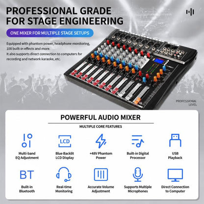 CT-8 8-Channel Professional Bluetooth Mixer USB Sound Card, EU Plug, UK Plug, US Plug