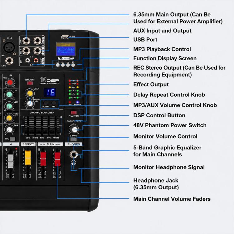 602D 6-Channel Multi-function Professional Bluetooth Mixer with Amplifier, EU Plug, UK Plug, US Plug