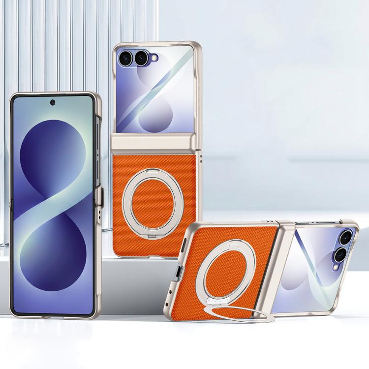 Spring Hinge Vegan Leather 360 Magnetic Holder Integrated Film Phone Case, For Galaxy Z Flip8 5G
