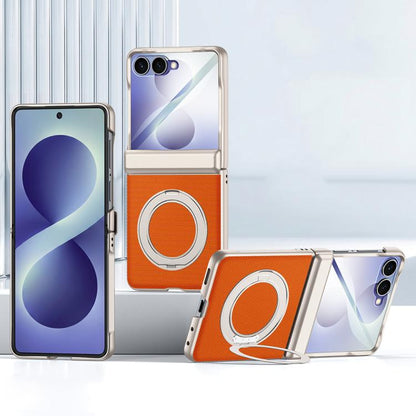 Spring Hinge Vegan Leather 360 Magnetic Holder Integrated Film Phone Case, For Galaxy Z Flip8 5G