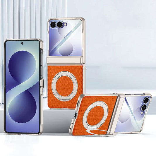 Spring Hinge Vegan Leather 360 Magnetic Holder Integrated Film Phone Case, For Galaxy Z Flip8 5G